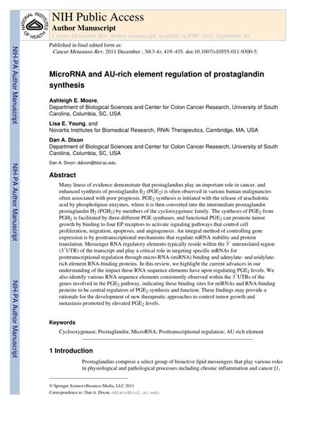 PDF MicroRNA And AU Rich Element Regulation Of Prostaglandin Synthesis