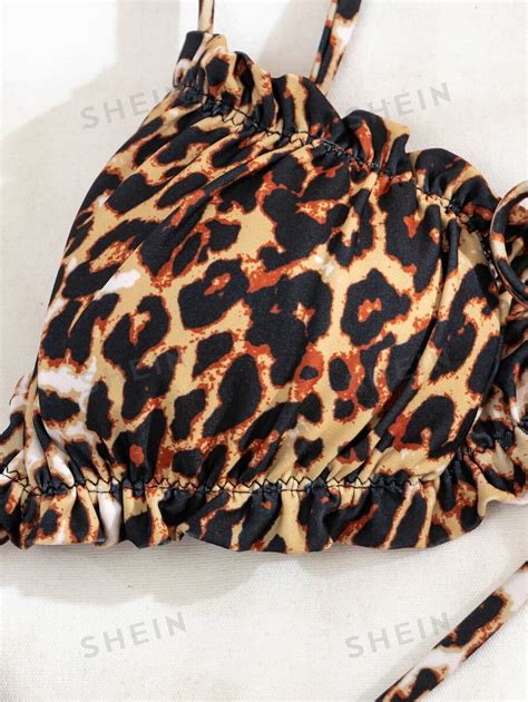 Shein Swim Summer Beach Leopard Print Bikini Set Frill Trim Triangle