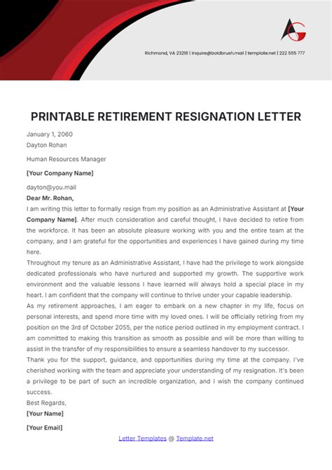 Free Printable Retirement Resignation Letter Template To Edit Online