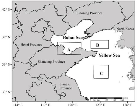 Map of the geographical location of the Yellow Sea and Bohai Sea ...