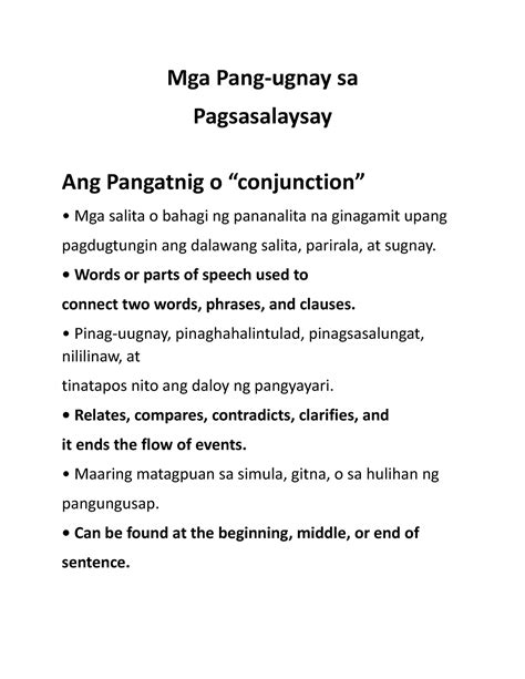 Uri Ng Pangatnig Notes Mga Pang Ugnay Sa Pagsasalaysay Ang Pangatnig O “conjunction” • Mga