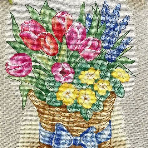 Spring Flowers Cross Stitch Basket Of Spring Flowers Cross Etsy