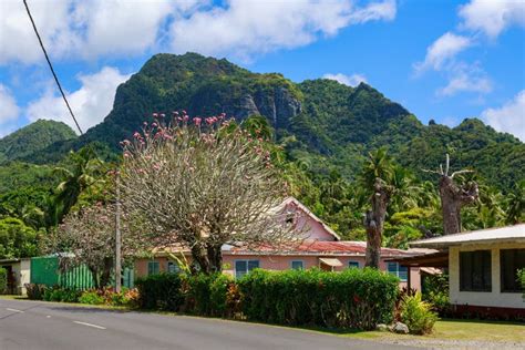 A Street In Avarua Rarotonga With A View Of The Mountains Stock Photo