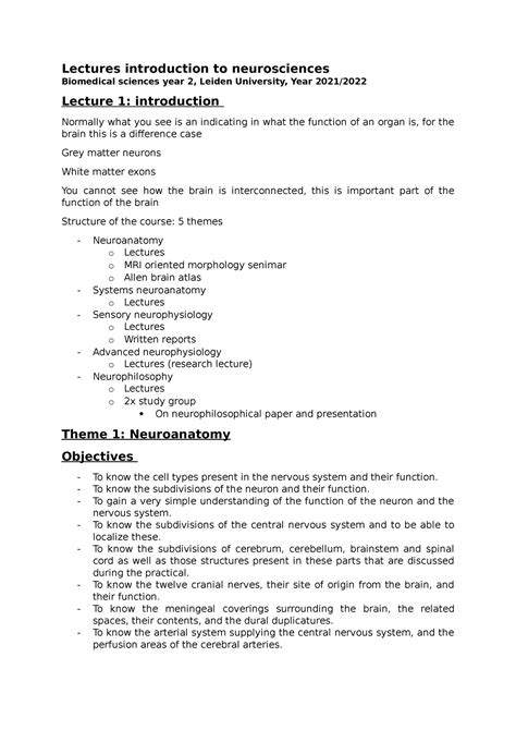 Summary Lectures Theme 1 Neuroanatomy Lectures Introduction To