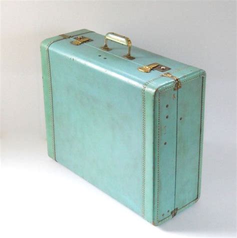 Vintage Aqua Suitcase Sky Cruiser Leather Trim Luggage Etsy Leather