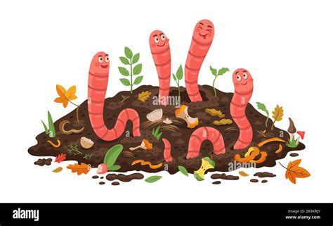 Cartoon Compost Worms In Soil Garden Earthworms In Organic Wastes