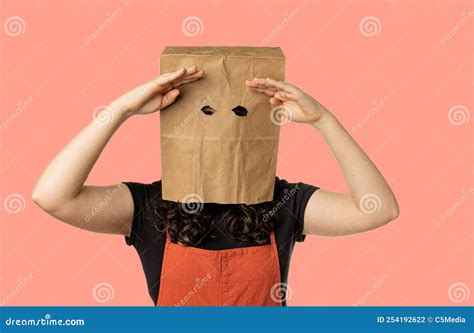 Woman Wearing Paper Bag Over Her Head Stock Photo Image Of Identity
