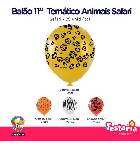 Balão Bexiga Temático 11 Animais Safari 25 Unid Art Latex Cor Diversas