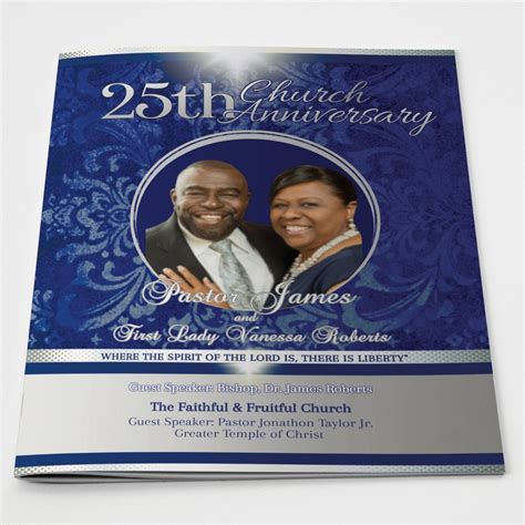 Pastor Anniversary Program Template Editable In Corjl Vintage Royal Navy Blue White Silver 2