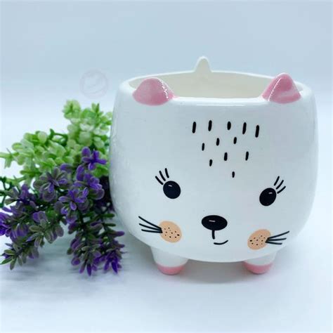 Vasinho Cachepot Gato Em Porcelana S Plantas Mini Vaso Pet MC