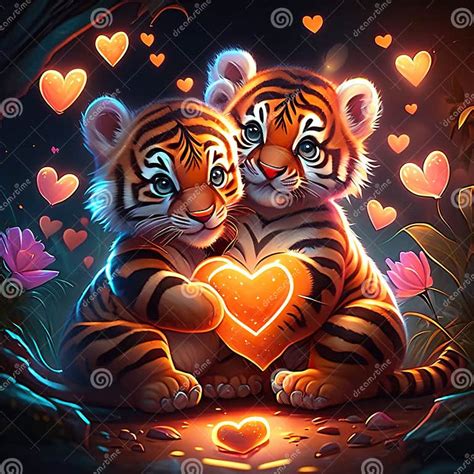 Cute Tiger Cubs Hugging Heart Two Tigers in Love with Hearts. Valentine ...