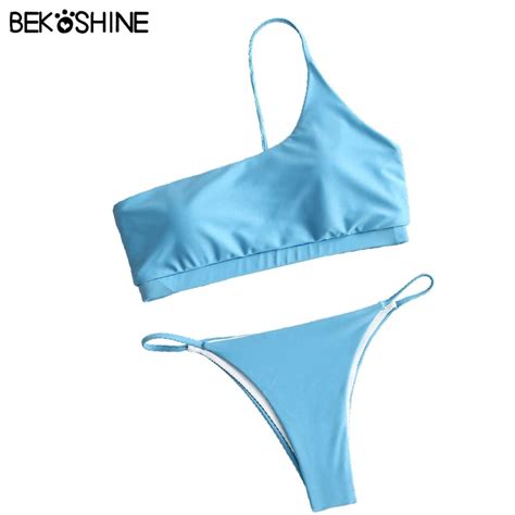 BEKOSHINE Solid Bikini Set Blue Swimwear Swimsuit 2018 New Sey Biquini