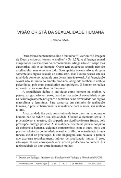 VisÃo CristÃ Da Sexualidade Humana Urbano Zilles Deus Criou O Homem