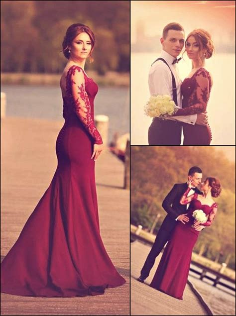 Stylish Mermaid Maroon Prom Dresses Long Sleeve Lace Evening Dresses