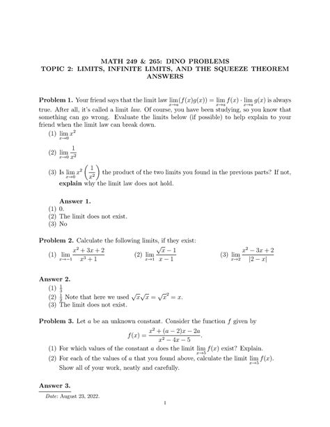 2 Limits Answers Class Assignment Math 249 And 265 Dino Problems