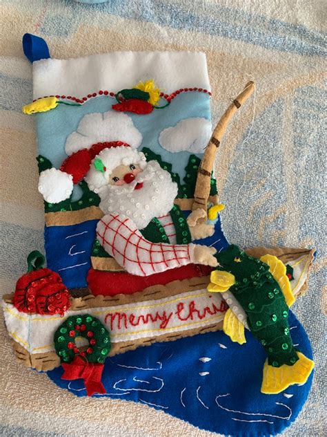 Fishing Santa Completed Handmade Felt Christmas Stocking From Etsy