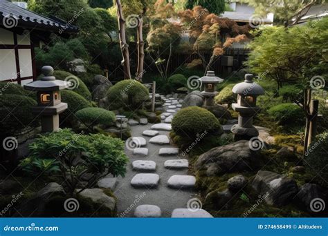 Traditional Japanese Garden With Stone Pathways Lanterns And Bonsai Trees Stock Illustration