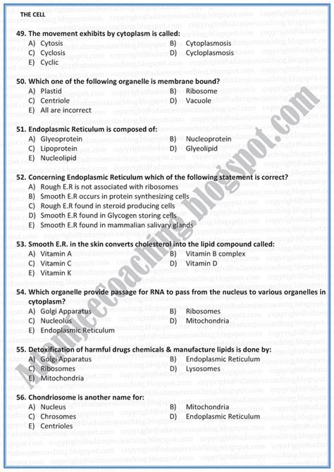 Adamjee Coaching Biology Mcqs Xi The Cell Mcqs