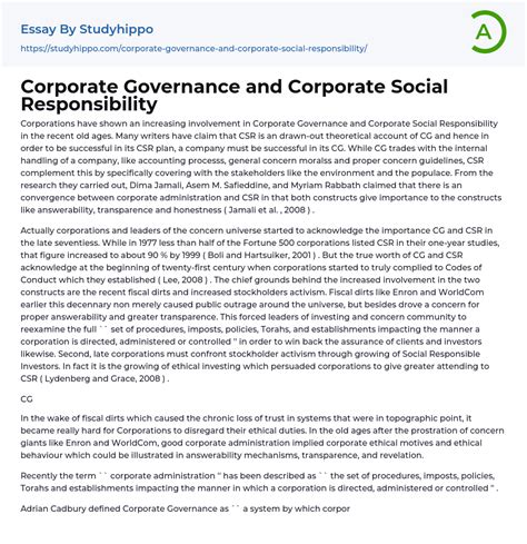 Corporate Governance And Corporate Social Responsibility Essay Example