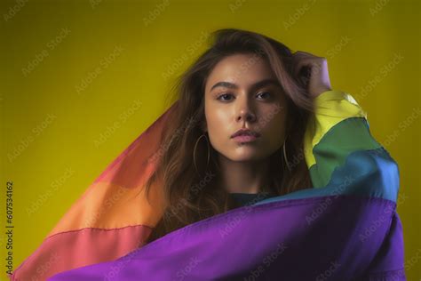 Expressive Generative Ai Pride Photo Of Lesbian Woman With Rainbow Flag Patterns Inclusive