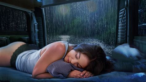 Rain Sounds On A Camping Car Window For Sleeping And Thunder Sounds To