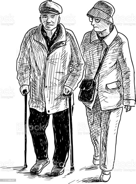 A Sketch Of An Elderly Couple Going On A Stroll Stock Illustration