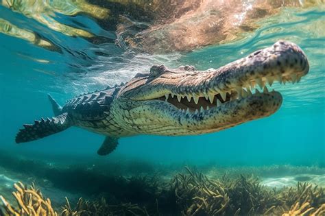 Premium Ai Image A Crocodile Swims Under The Water With Its Mouth Open