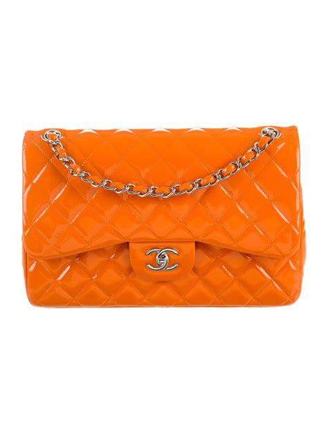 Orange Quilted Patent Leather Chanel Classic Jumbo Double Flap Bag With