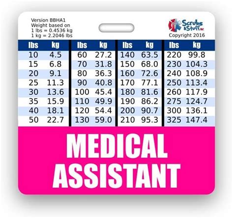 Medical Assistant Badge Buddy Horizontal W Height And Weight Conversion Charts