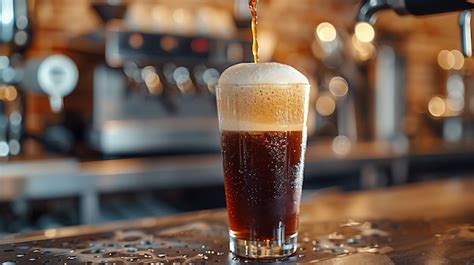 Frothy Nitro Cold Brew Coffee Being Poured Into A Glass With A Thick