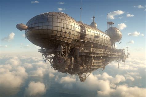 Premium Photo Fantasy Airship In Steampunk Style Flies Through The