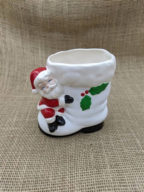 Santa Boot Planter White Ceramic Santa Boot With Santa Claus Etsy