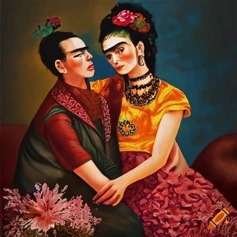 Romantic Painting With Frida Kahlo S Style Showing Husband And Wife In