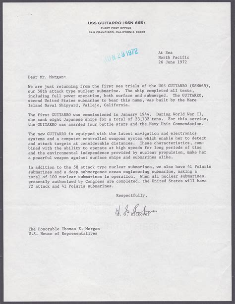 Admiral Hyman G Rickover Typed Letter Signed 06 29 1972