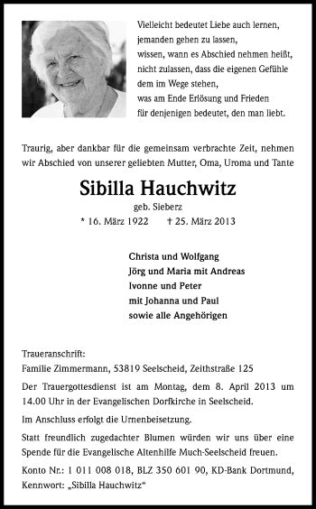 Traueranzeigen Von Sibilla Hauchwitz Wirtrauern