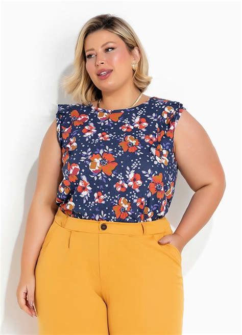 Regata Floral Marinho Babado Plus Size Marguerite