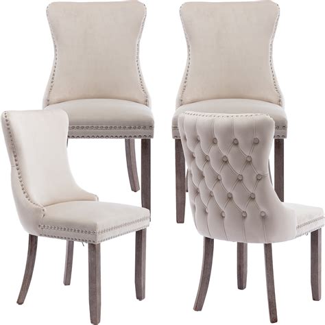 Oduse Daily Beige Velvet Dining Chairs Set Of 4 Tufted Fabric Solid