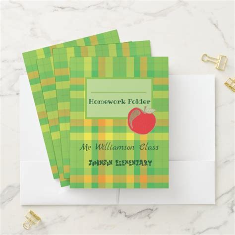 Green Plaid Student Homework Pocket Folders