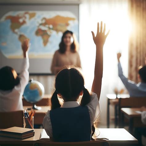 Premium Photo | Student raising hands in classroom