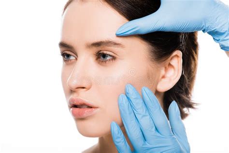 View Of Plastic Surgeon In Latex Gloves Touching Face Of Attractive