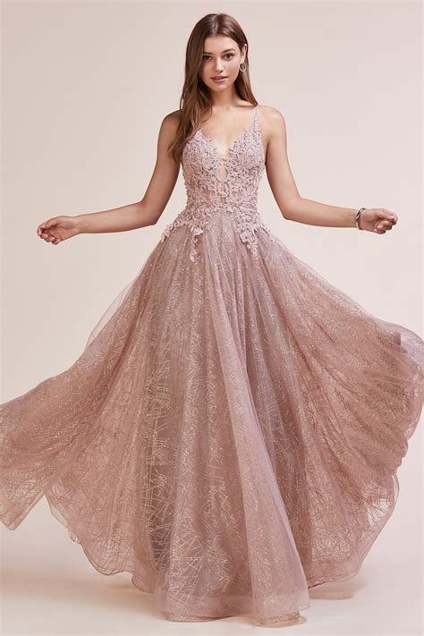 Andrea And Leo A0681 Rose Gold Lace And Glitter Tulle Long Evening Dress Mia Bella Couture