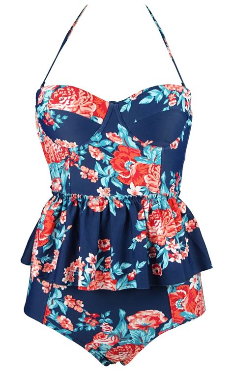 Cocoship Red Pink And Navy Blue Antigua Floral Peplum Womens Retro Push