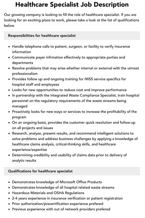 Healthcare Specialist Job Description Velvet Jobs