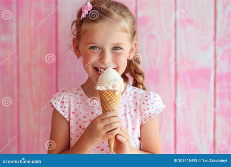 Girl Eats Vanilla Ice Cream on Pastel Background Stock Illustration ...