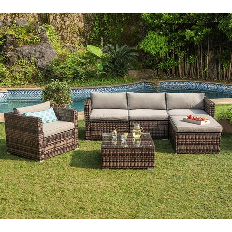 COSIEST 6 Piece Outdoor Furniture Mottlewood Brown Wicker Sectional