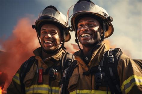 Premium Photo Portrait Of Crew Of Two Firemen Putting Out Fire