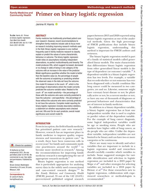 Pdf Primer On Binary Logistic Regression