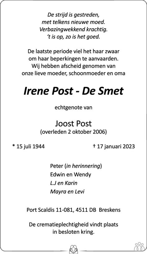 Irene Post De Smet 17 01 2023 Overlijdensbericht En Condoleances