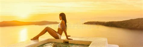 Luxury Travel Santorini Hotel Woman By Resort Swimming Pool At Sunset Bikini Body Model