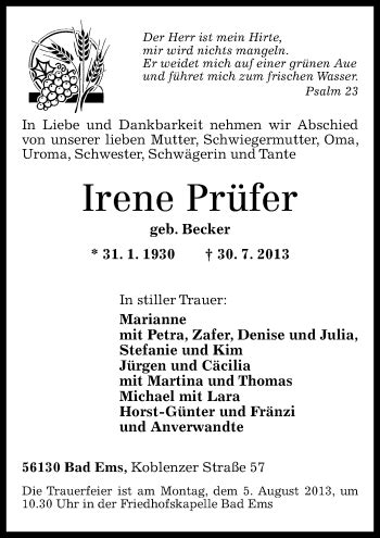 Traueranzeigen von Irene Prüfer rz trauer de